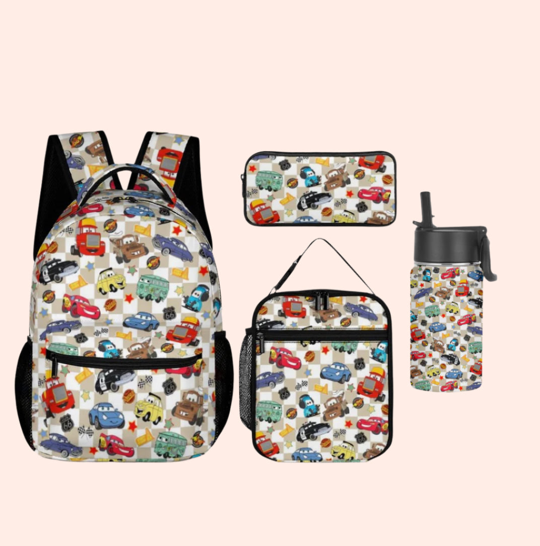 Beige Checkered Life Is A Highway Backpack Set