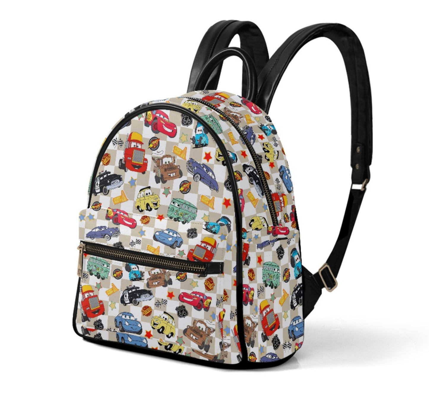 Beige Checkered Life Is A Highway Leather Backpack